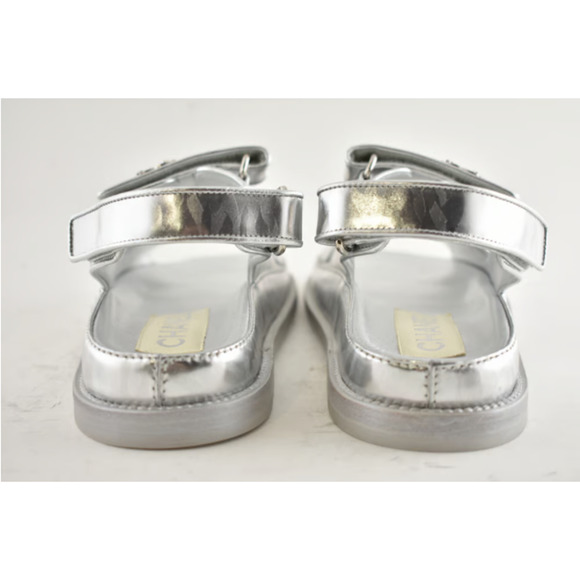 Chanel 22C Silver Laminated Star CC Logo Mule Slide Strap Flat Dad Sandal 35.5 - Picture 3 of 12